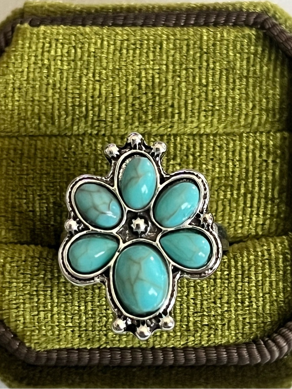Bohemian Blue Turquoise Cluster Design Stainless Steel Statement Ring Size 6